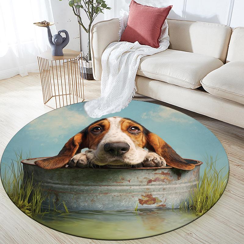 Basset Hound and grass pattern round rug,Carpet Rug for Living Room Bedroom  Playroom ,Non-slip Floor Mat,Holiday Gifts and Birthday Gifts.