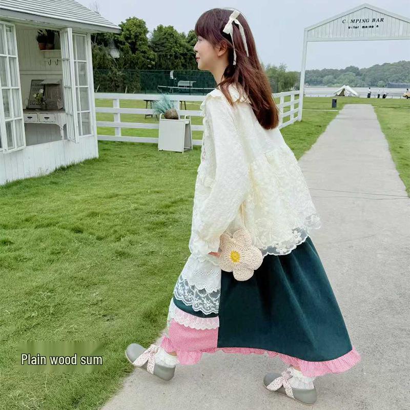 Retro Forest Corduroy Irregular Patchwork Embroidered Lace Midi Skirt - Fleece-Lined for Autumn & Winter
