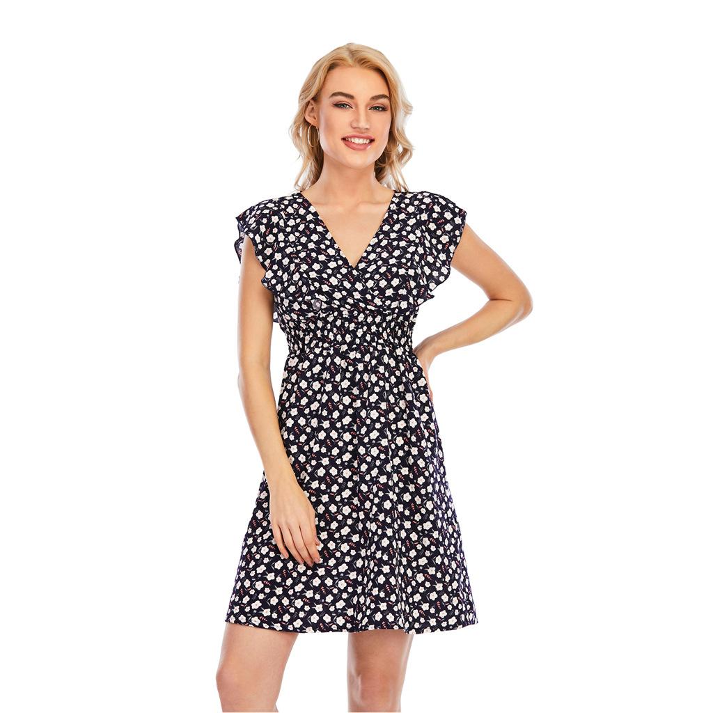 Women Summer V-Neck Chiffon Print Ruffled Sleeveless High Waist A Line Chic Dress S-XXL