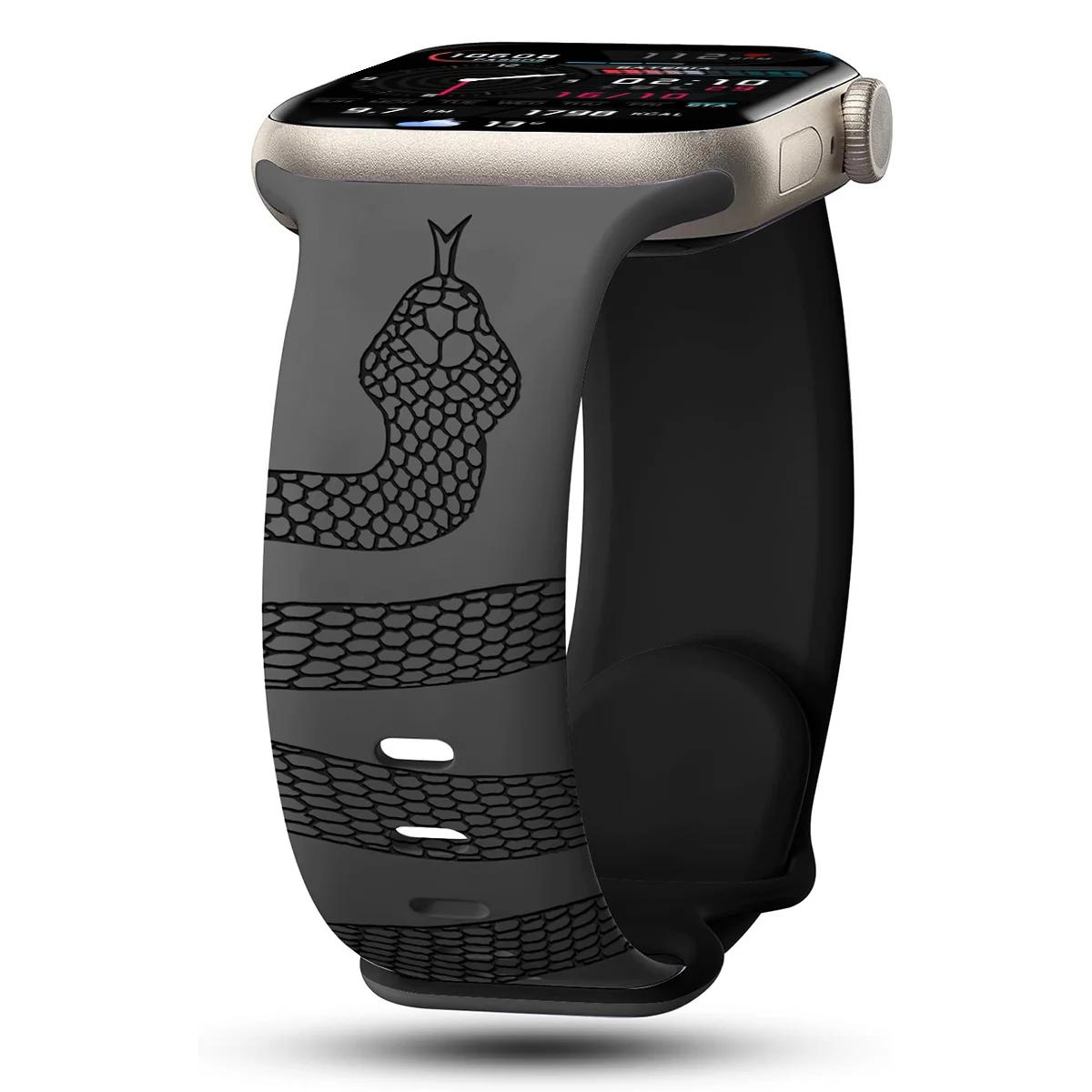 Neues Graviertes Schlangen-Silikonarmband für Apple Watch 42mm 46mm 49mm 41 45 40 38 Band für Uhr S10 9 8 7 Perfekt für den täglichen Gebrauch Sport S10 46 42-44-45-49 gray