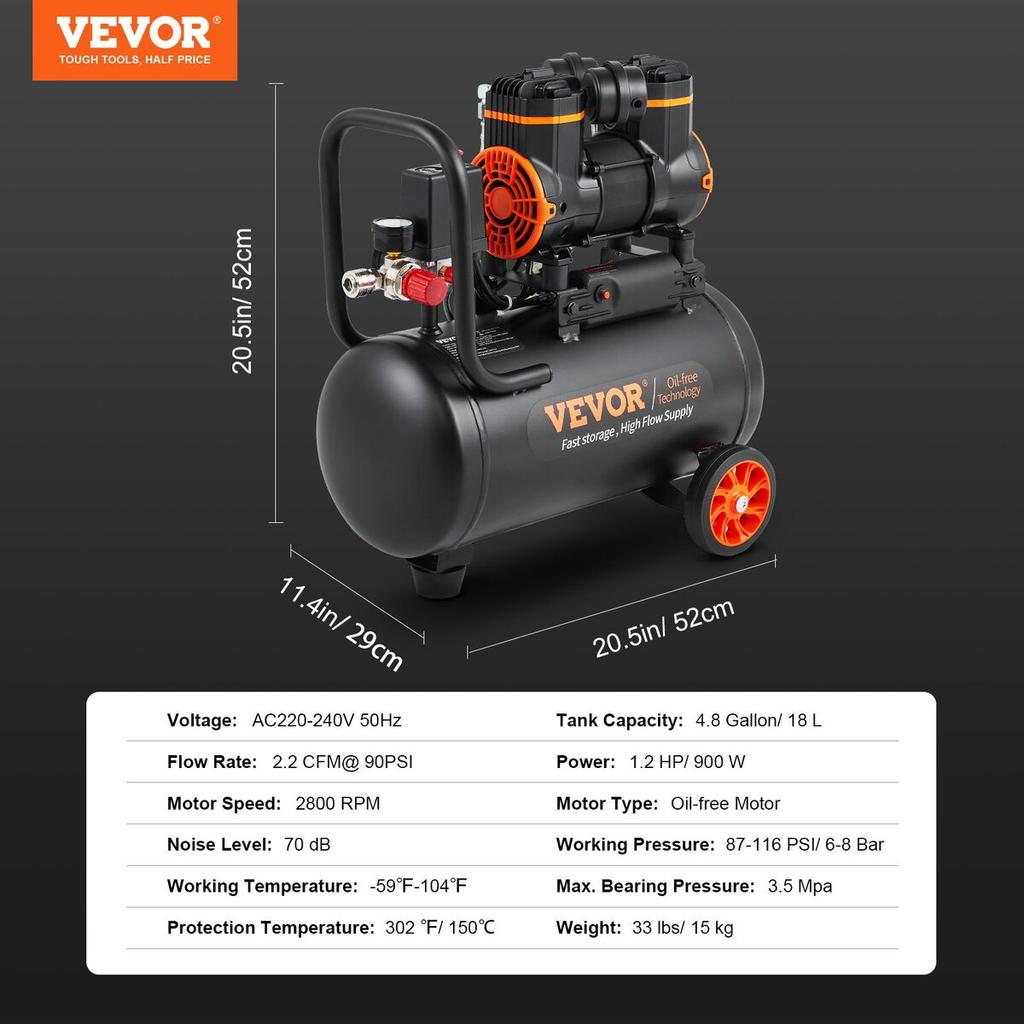 Air Compressor 4.8 Gallon 900W 2.2 CFM@ 90PSI 70 dB Ultra Quiet Oil Free