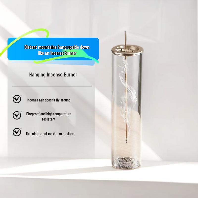 Inverted Metal Incense Holder with Glass Container - Dustproof Anti-Ash Vertical Burner for Study Room