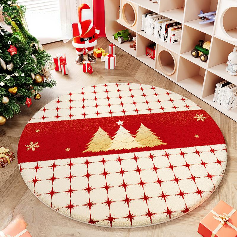 Cartoon Style Rugs for Bedroom Christmas Living Room Decoration Red Carpet Round Thickend Lounge Floor Mat Fluffy Soft Plush Rug