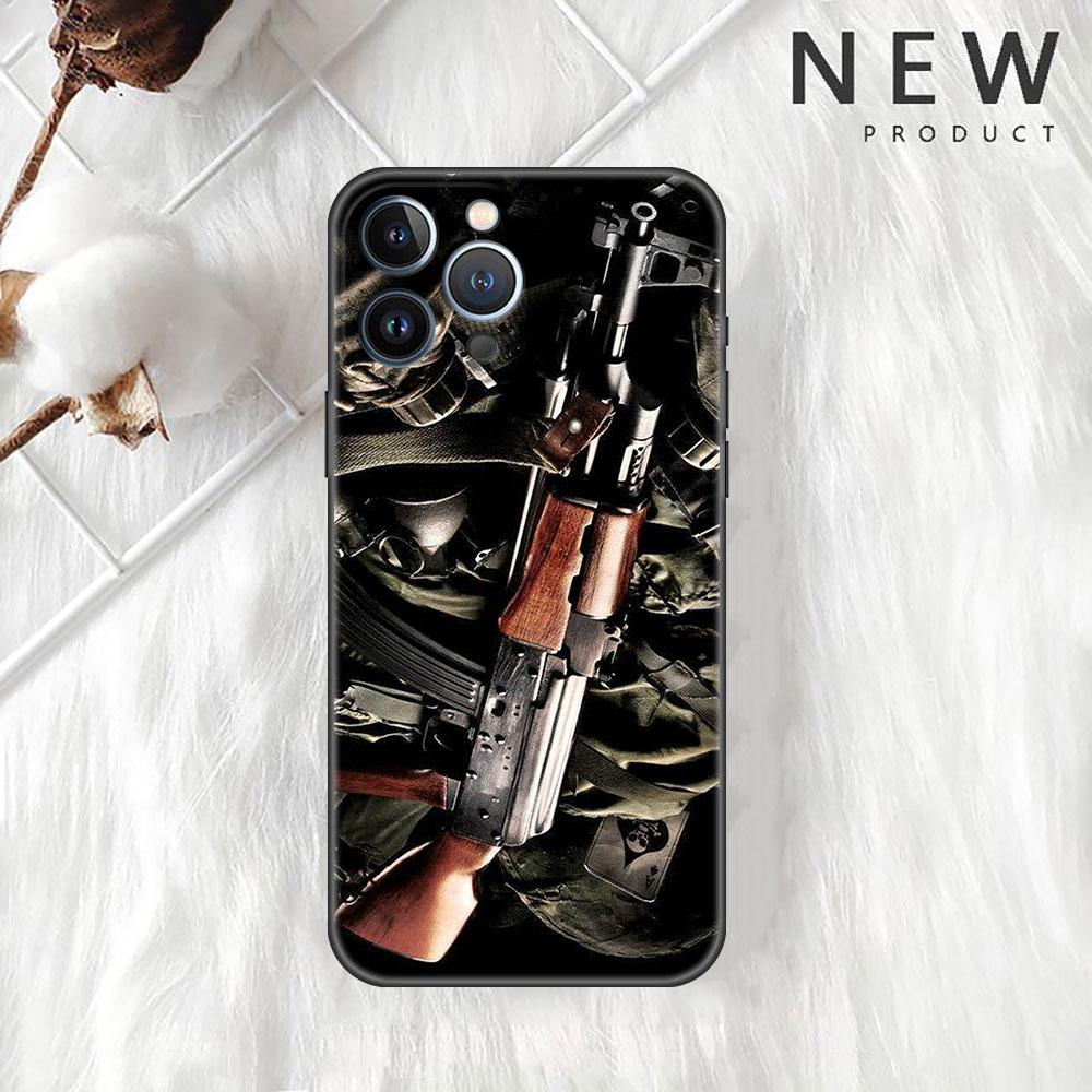 AK47 Handgun Gun Bullets Funda Case para Apple iPhone 14 11 13 12 Pro 7 XR X XS Max 8 Plus 6 6S 14Pro Preto Soft Phone Shell