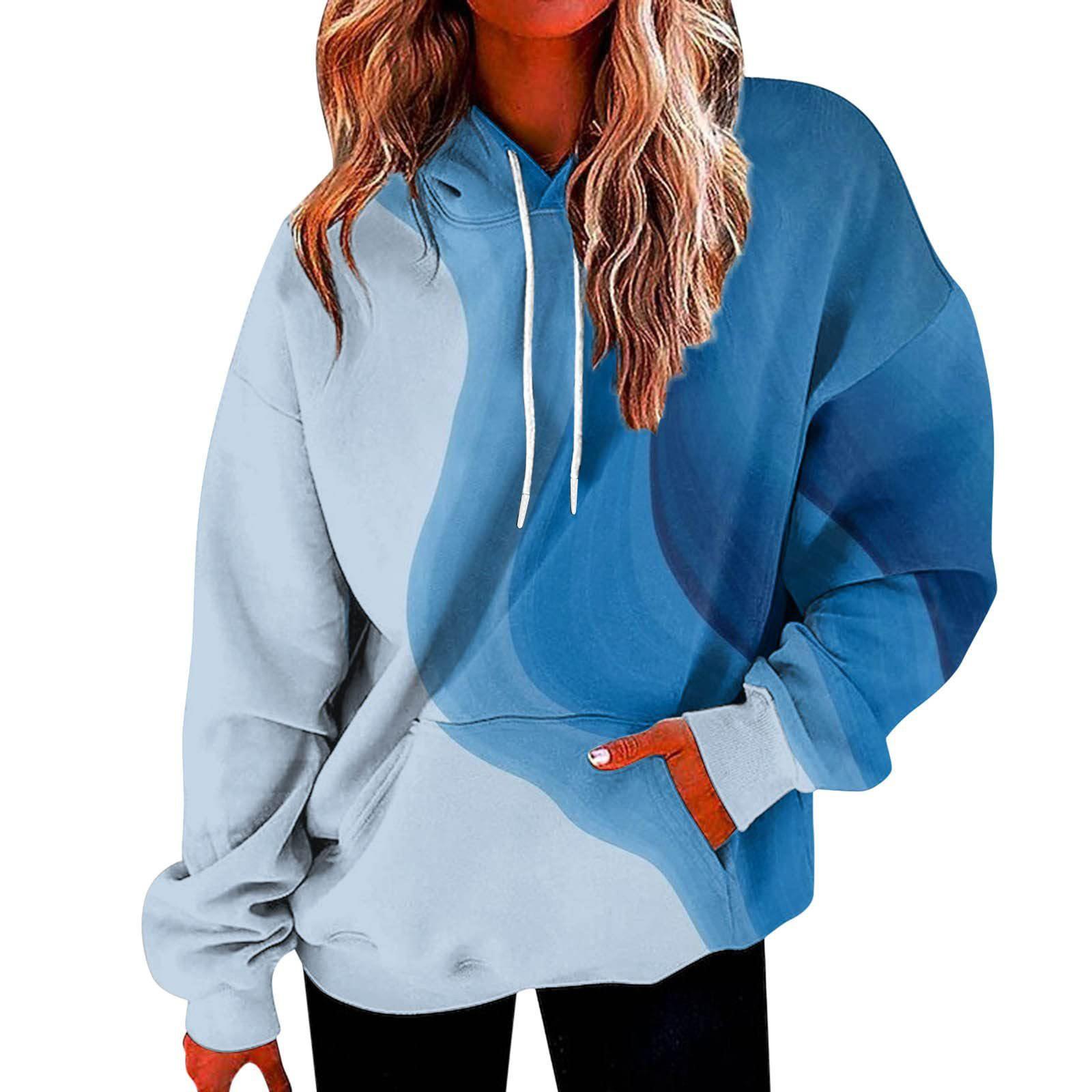 

Женская мода Свободный повседневный топ с длинными рукавами и градиентом в стиле пэчворк XL небесно-голубой