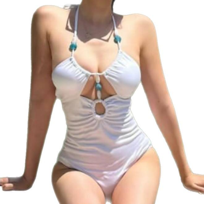 Women's Sexy White Halter Cutout Backless One-Piece Swimsuit for Beach Vacation