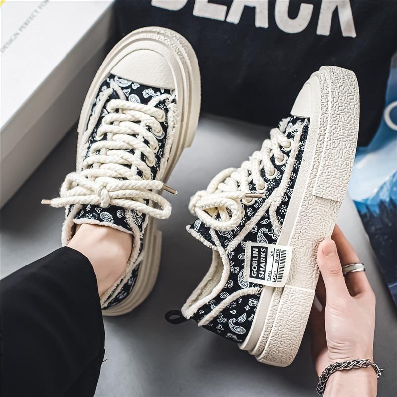 Men Grid Canvas Shoes Platform Casual Flat Shoes Fashion Comfort Wear-resistant Sneakers Zapatillas Tenis Trendy Man Board Shoes