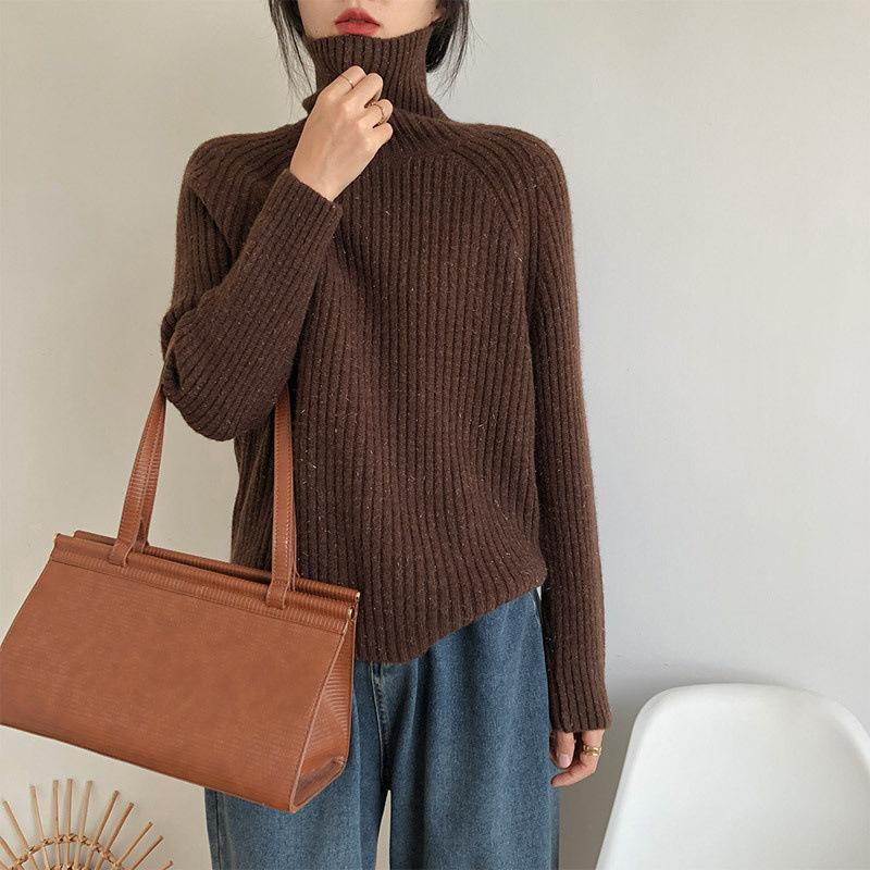 

YYFS Женская мода Повседневный Осень Зима Однотонный Принт Длинный Рукав Высокий Воротник Свитера One size кофейный