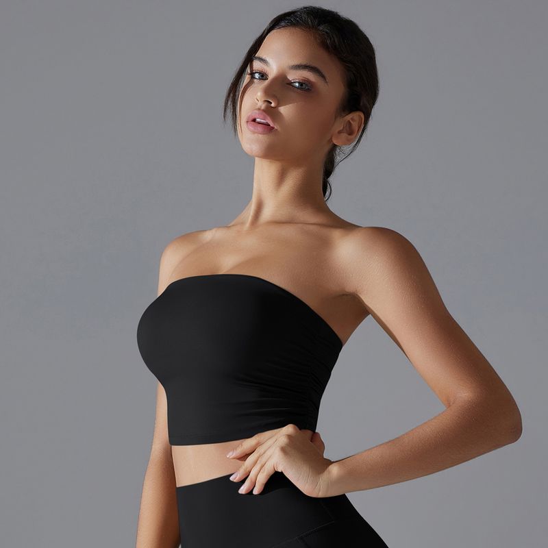

Yoga Fashion Thread Fitted Side Ruched Chest Wrap Tube Top black XP M