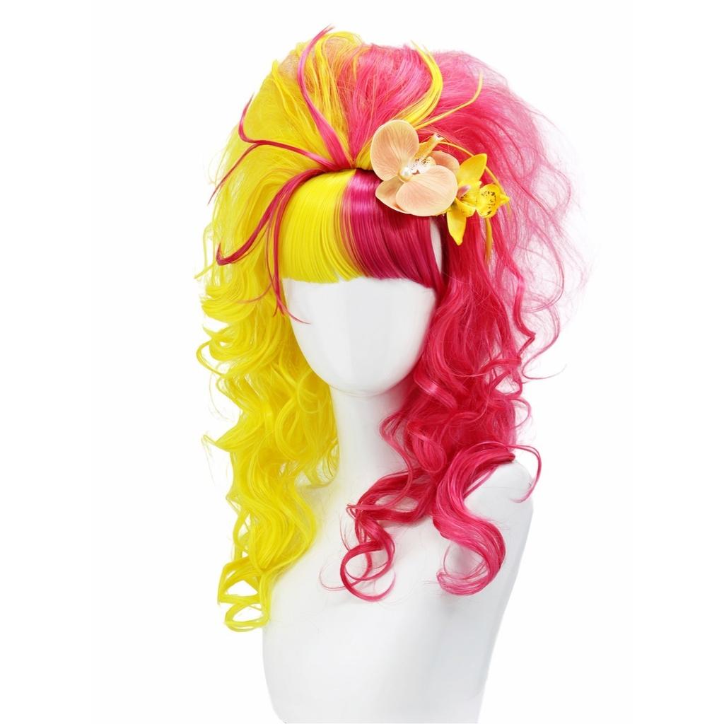 Double-Toned Yellow Pink Gradient Long Curly Synthetic Wig with Floral Hairpiece,Wavy Hairstyle for Cosplay Party Costume Event