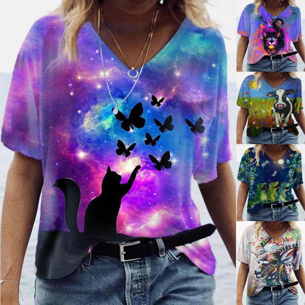 Fashion Women's Summer Printed Short Sleeve Crew-Neck T-Shirt Casual Tee Tops