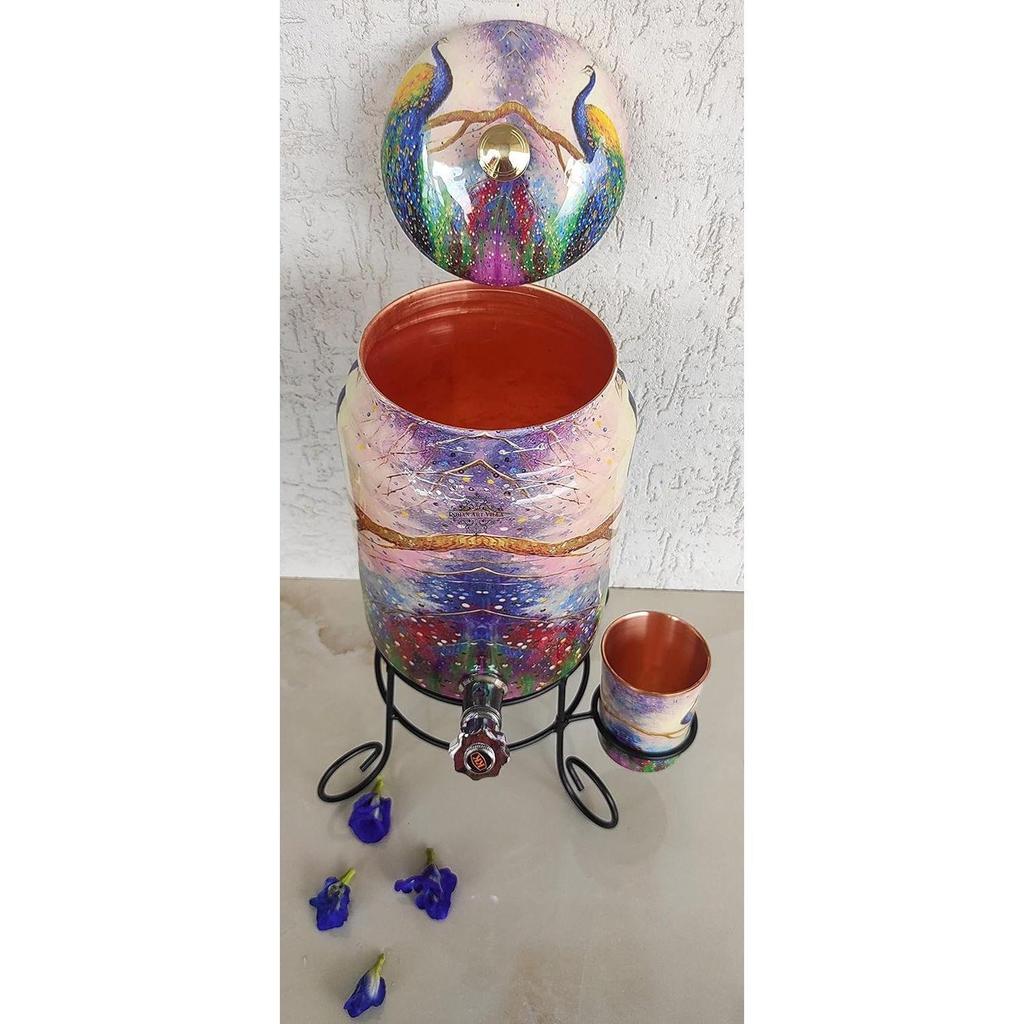 Pure Copper Peacock Printed Design Water Pot Heavy Gauge with Brass Tap & Copper Glass & Stand, Storage & Serving Water, Volume- 5 Liters