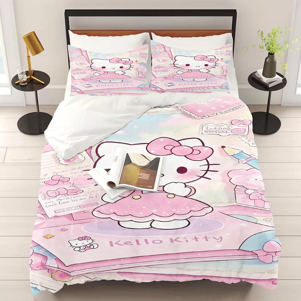 Zestaw pościeli do sypialni z nadrukiem Hello Kitty Poszewka na kołdrę Prezenty świąteczne Komfortowy Kreskówka Z poszewką na poduszkę