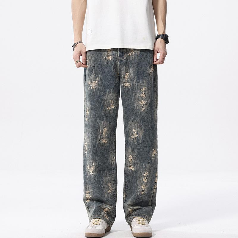 

Мужские рваные джинсы в стиле ретро, свободные прямые жаккардовые брюки с широкими штанинами для весны и осени 38