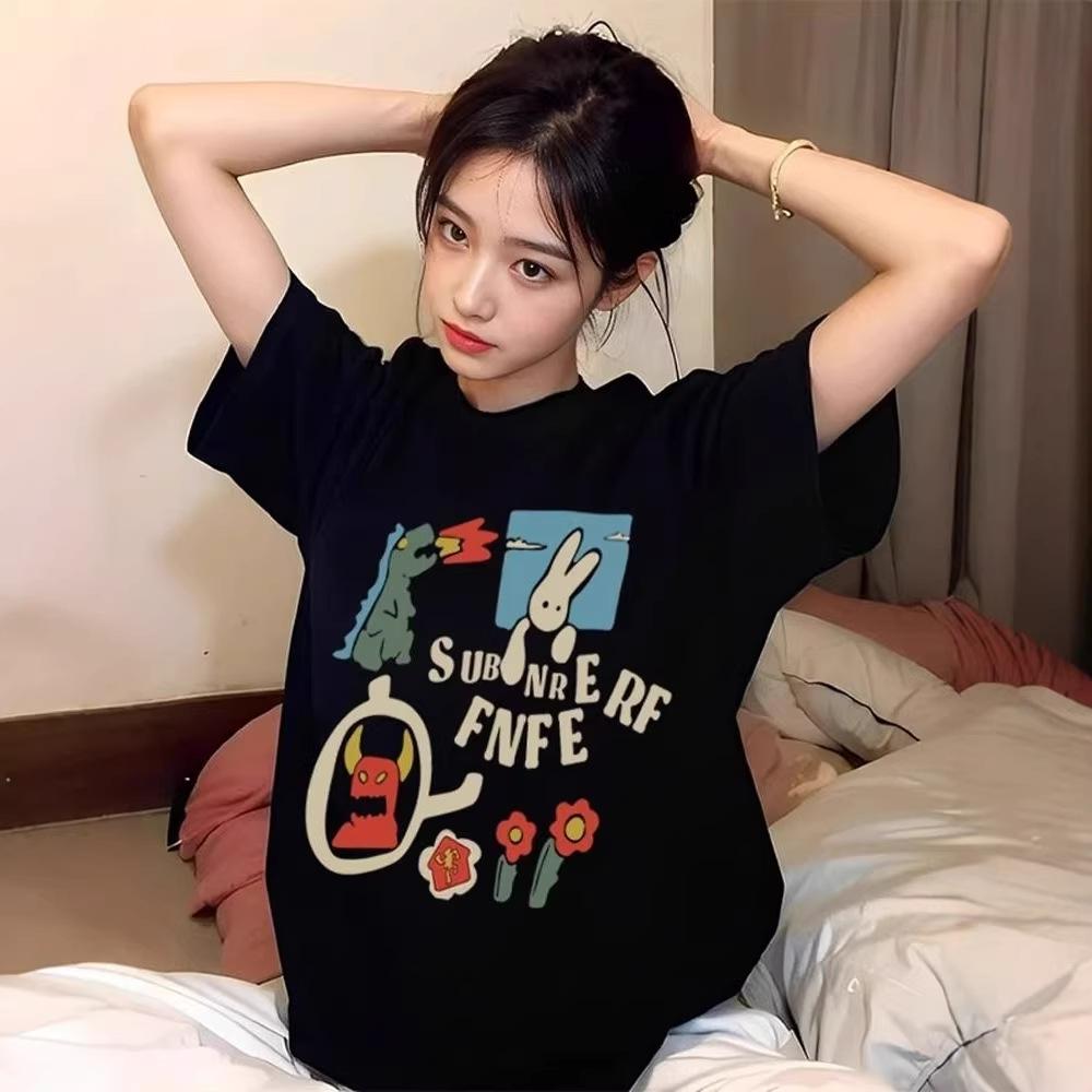 

Женская черная хлопковая футболка с коротким рукавом свободного кроя, Коллекция Лето 2026, Уникальный дизайн 2XL чёрный