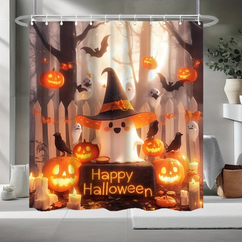 Pumpkin Shower Curtain, Halloween Christmas Holiday Decoration, Autumn And Winter Home Decoration, Washable
