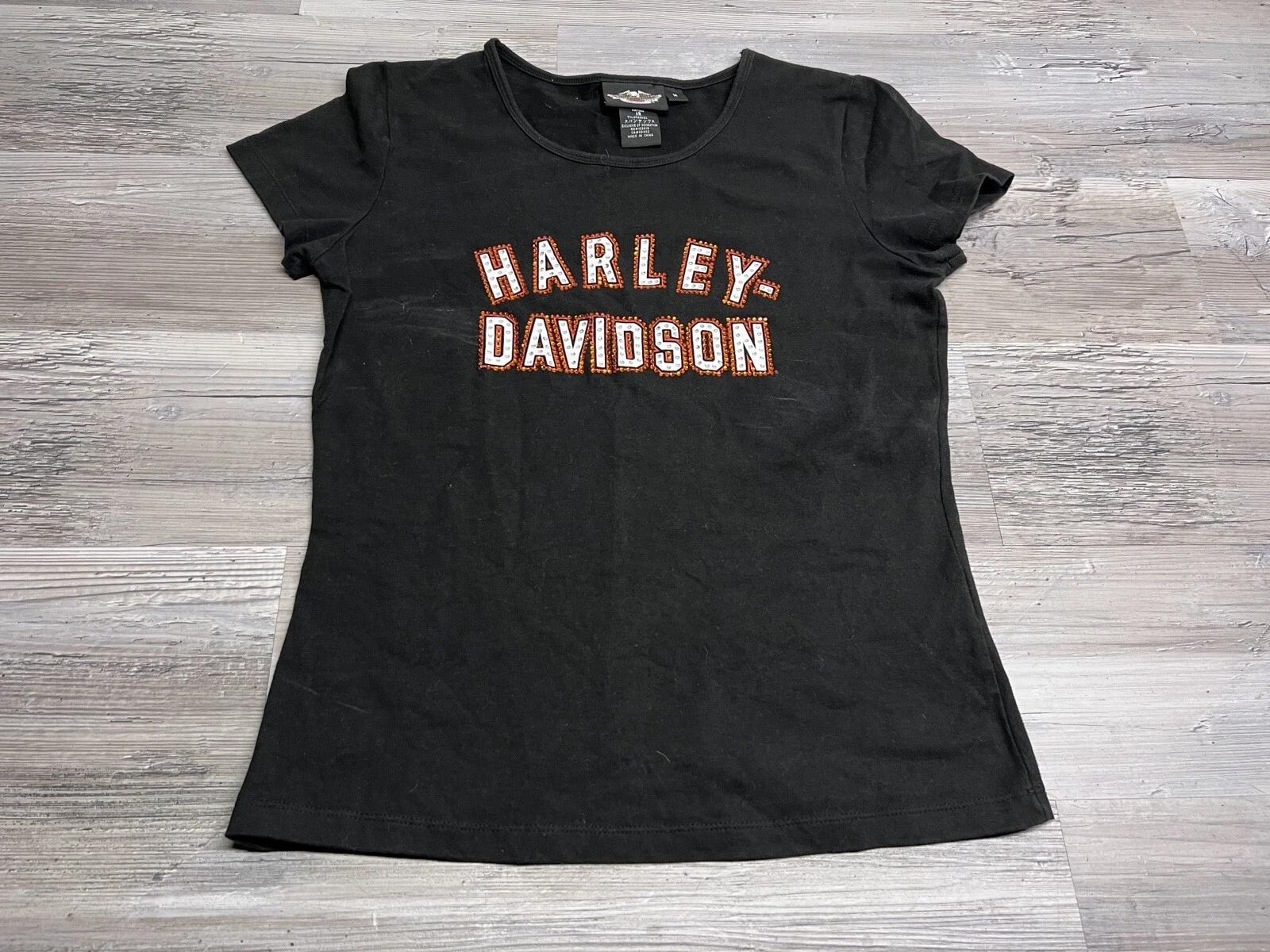 Винтажная черная женская футболка Harley Davidson с блестками, надпись Y2K, размер M, бэби-топ 4XL