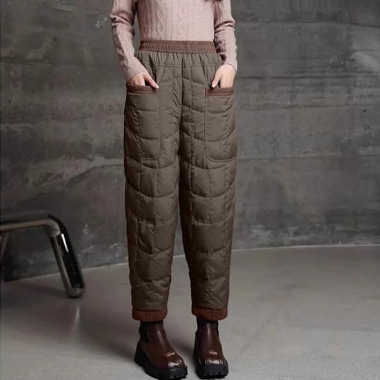 Women Harem Pants Elastic High Waist Lightweight Down Trousers with Large Pockets Thick Warm Quilt Pants