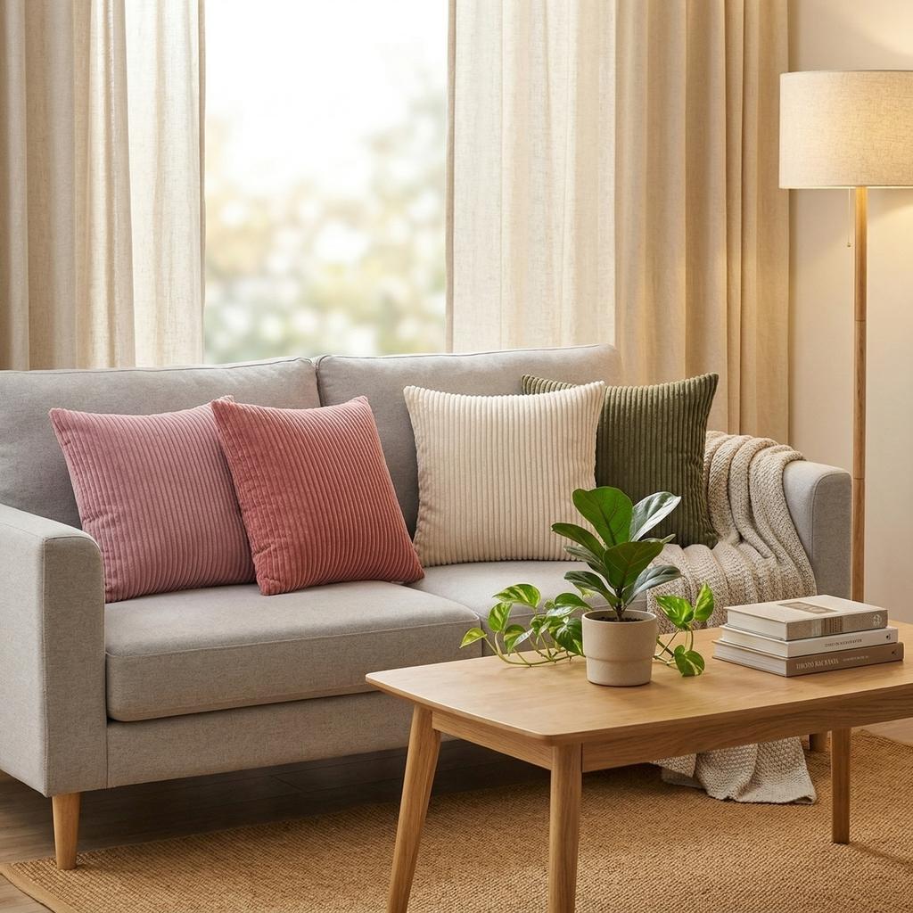 Ensemble de 4 Housses de Coussin Décoratives en Velours Côtelé Carrées Housse de Coussin Douce Design Rayé pour Canapé Lit Chaise Bureau à Domicile Salon