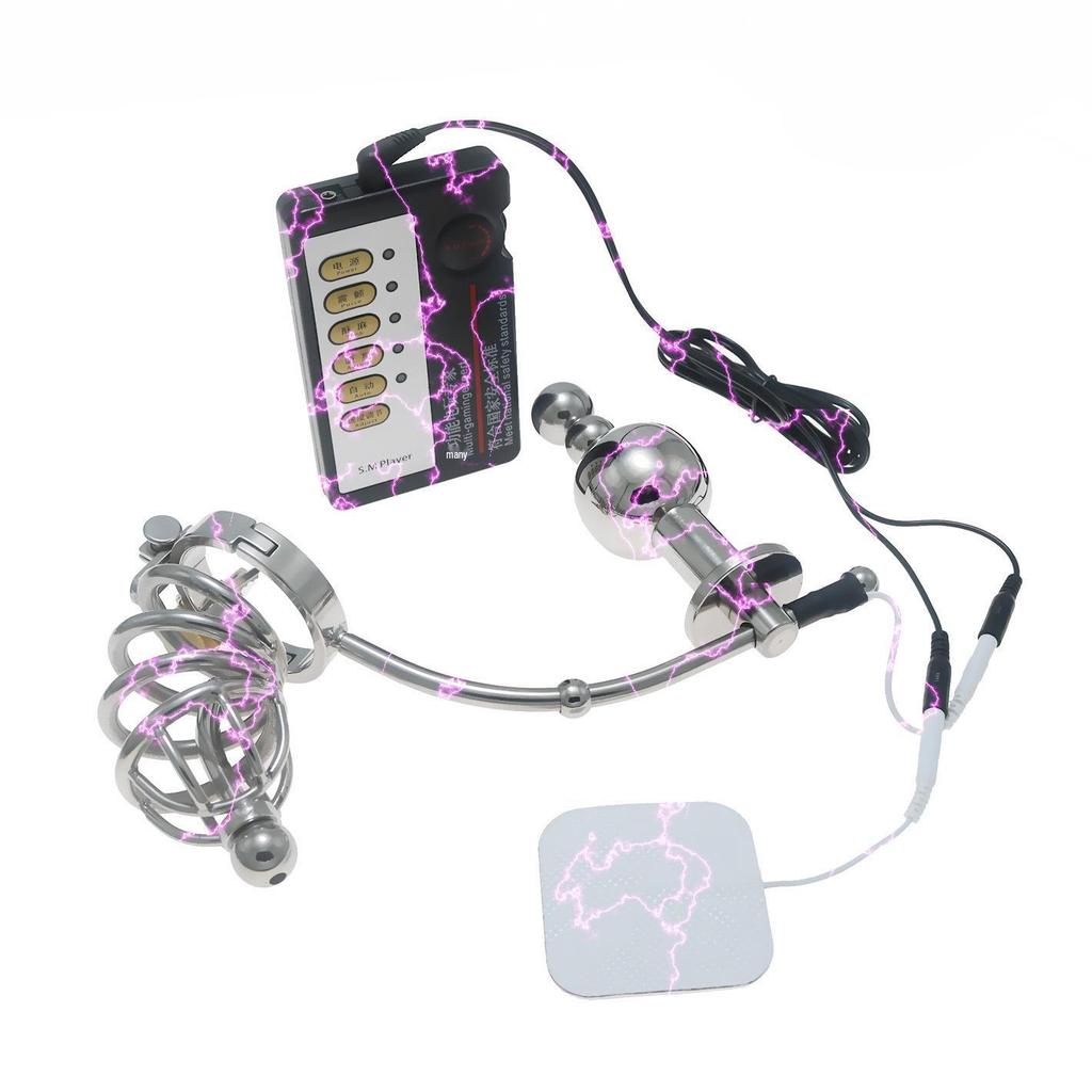 Chaqiu Electric Pulse CB Chastity Cage & Lock with Anal Plug Stainless Steel Set