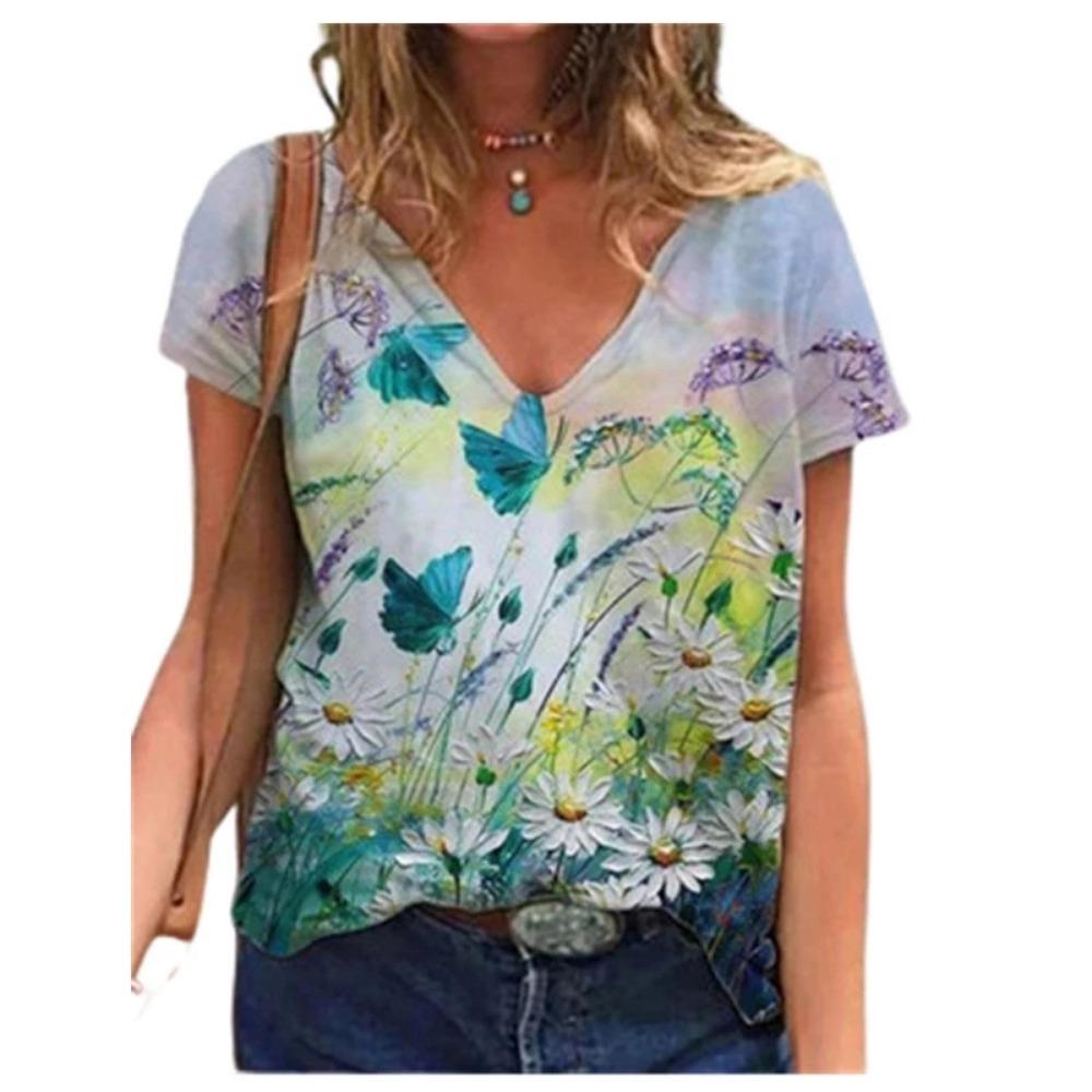 Casual Summer T-shirt 2025 New Women's 3d Floral Print T-shirt Ladies Street Wear Short-sleeved V-neck Top