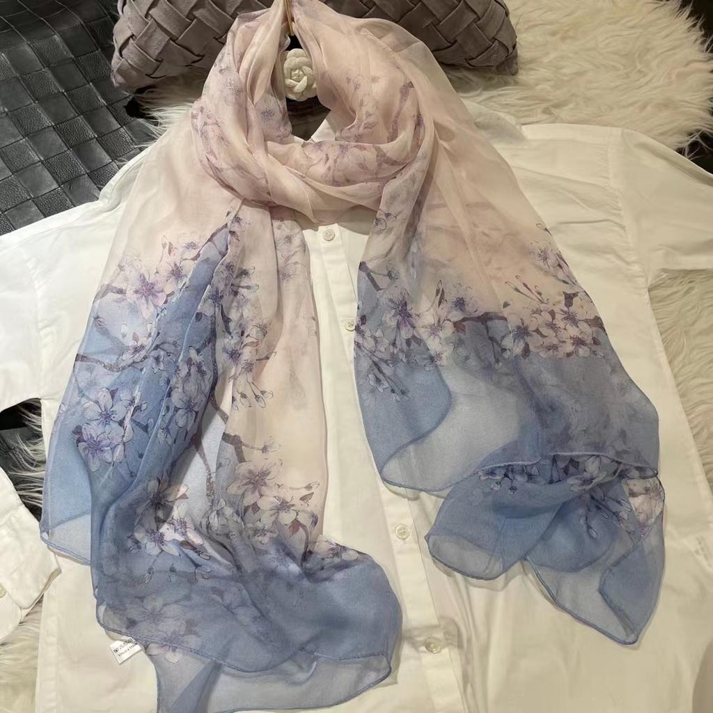 [Bysifa] Grey Blue Silk Scarf Cape Fashion Ladies 100% Silk Long Scarves Foulard Women Plaisley Design Chiffon Scarves Bufandas