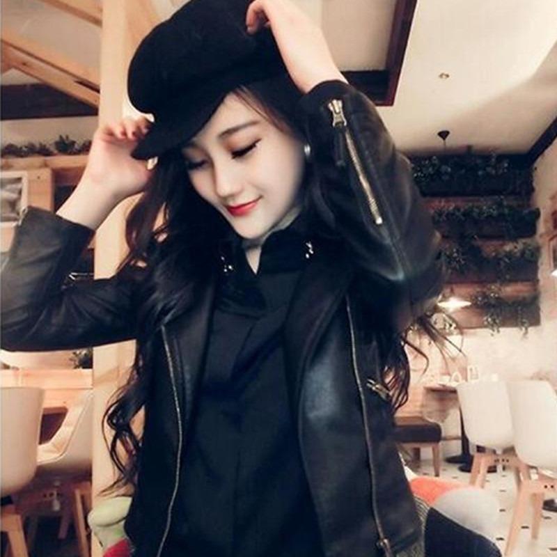 autumn winter turn down collar black PU leather jacket women slim casual fashion zipper coat outwear top