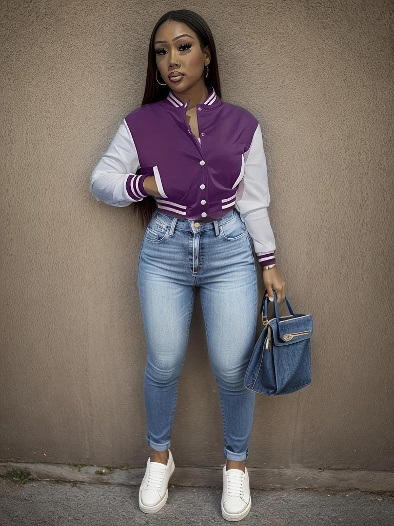 2024 Color Block Single-Breasted Letter Women's Baseball Jacket - Spring/Autumn Collection