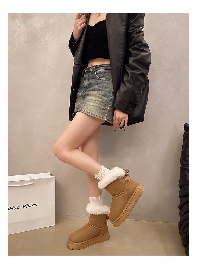2025 Winter Thick-Soled Fleece-Lined Slip-On Snow Boots with Bow Detail - Warm Plus Size