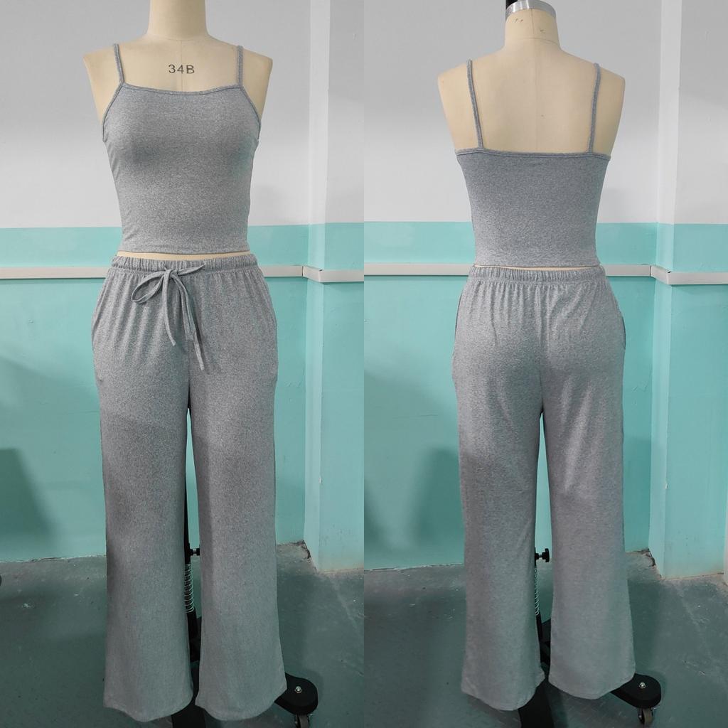 Summer Camisole Crop Top Long Pants Casual Wide Leg Pants Lazy Style Set For Women