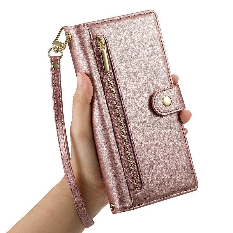For Samsung S24FE flip phone leather case zipper card samsung protective case long rope crossbody