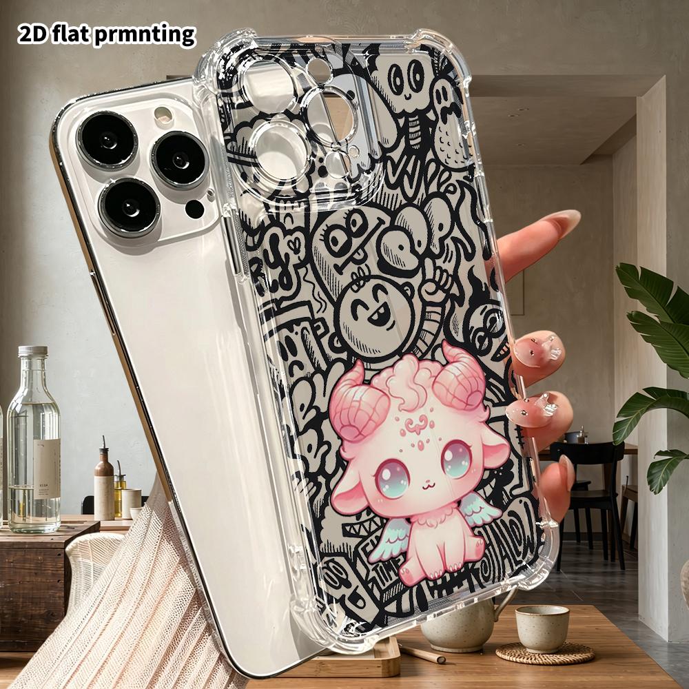 Phone Case: 2D Flat Suitable for iPhone 18 17 16 15 14 13 Pro, Transparent Four Corner Protective Case, Cute Pink Little Sheep, Christmas and Hallowee