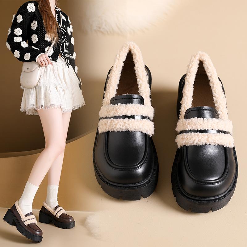 thick-soled velvet single shoes for women's autumn and winter new fluffy shoes thick-heeled cotton shoes warm lace-up small leather shoes