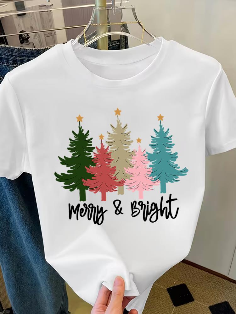 (Asian Size) Letter Lovely Cute Merry Christmas Fashion Short Sleeve T-shirts Women's Top O-neck T Shirt Print Casual New Year Clothing Graphic Tee