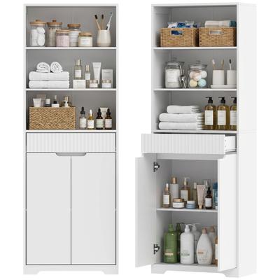 Tall Bathroom Cabinet 2 Doors With Soft Close Drawer 3 Open Compartments And Adjustable Shelves White