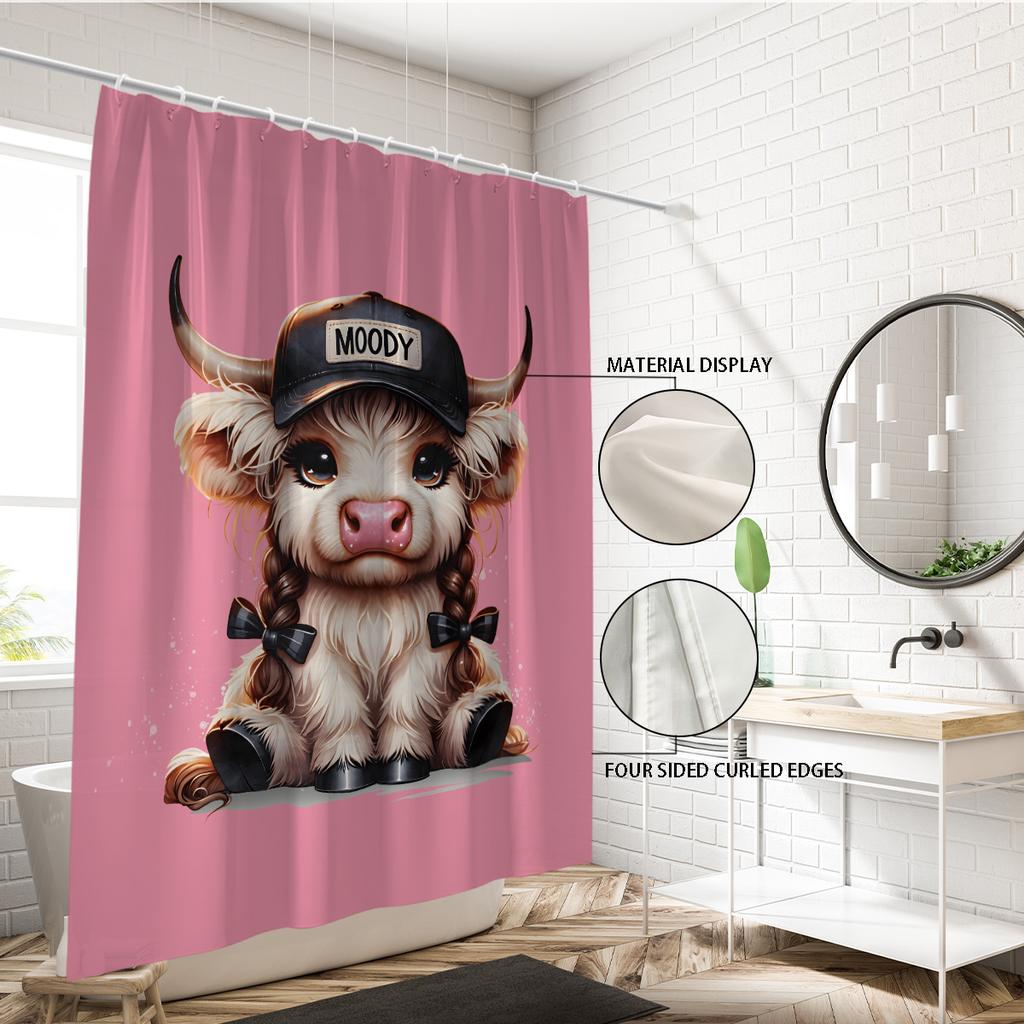 1pc Cartoon Highland Cow Print Waterproof Shower Privacy Hanging Curtain with 12 Hooks, Multiple Sizes Machine Washed