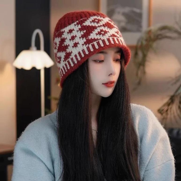 

Autumn and Winter New Style Retro Plaid Knitted Fisherman s Hat for Women Korean Version with Big Head Circumference and Face Small Woolen Basin Hat M（56-58cm）