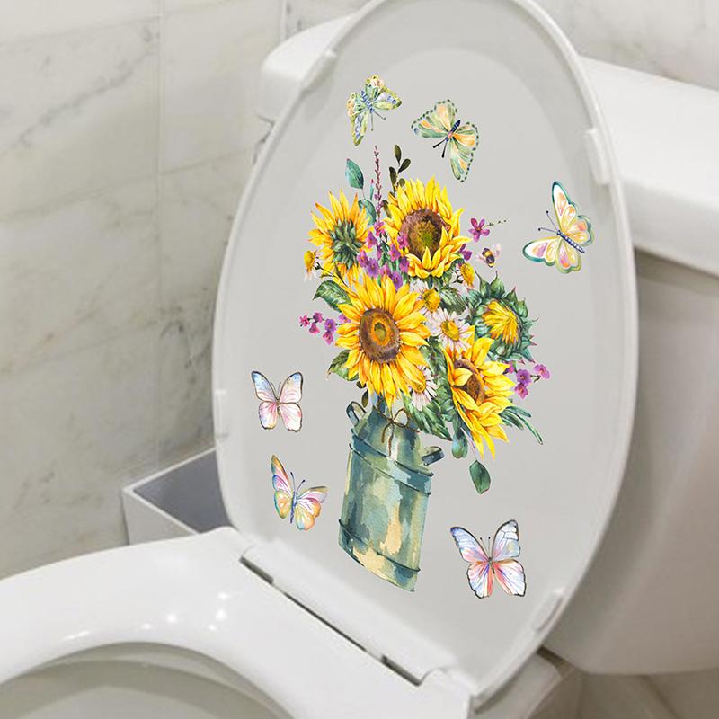 Sunflower Vase Wall Stickers Toilet Bathroom Decor Living Room Cabinet Home Decoration Beautiful Flowers Self-Adhesive Wallpaper