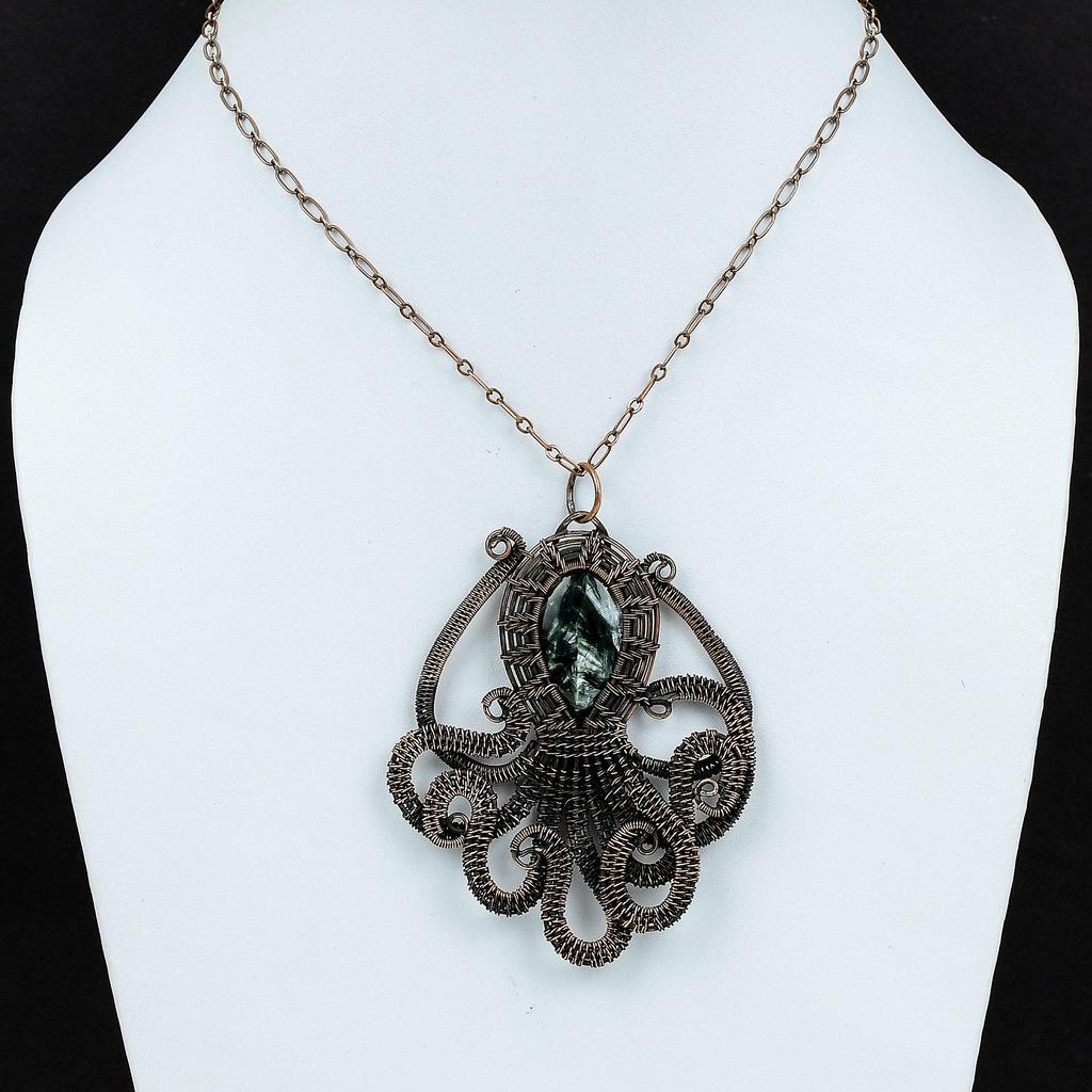 Κρεμαστό Σεραφινίτη Κρεμαστό τυλιγμένο με χάλκινο σύρμα Κοσμήματα Σεραφινίτη Κρεμαστό πολύτιμου λίθου Χειροποίητα χάλκινα κοσμήματα Κρεμαστό χταποδιού Δώρο για γυναίκες