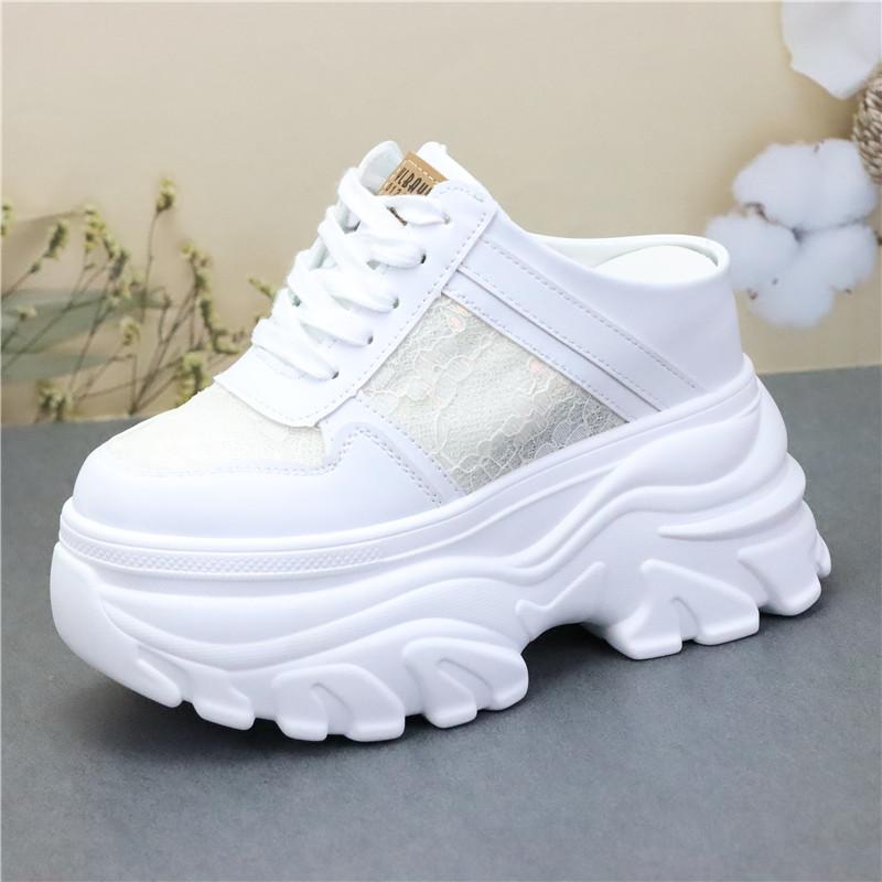 Fashion 12CM Air Mesh Lace Genuine Leather Comfy Platform Wedge Slippers High Brand Breathable Summer Platform Wedge Casual Shoes