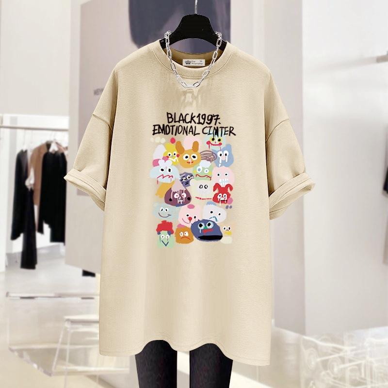 T-shirt Noir à Manches Courtes pour Femme Style Vintage Américain Été Mise à Jour Dessin Animé Doodle Grande Taille Coupe Confortable Coton Longueur Moyenne