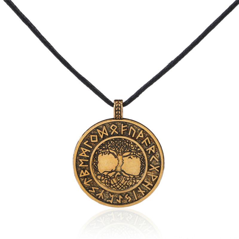 Teamer Wicca Round Necklace Men Norse Viking Runes Tree of Life Seal Pendants Wax Cord Link Chain Men's Necklace Jewelry Gifts