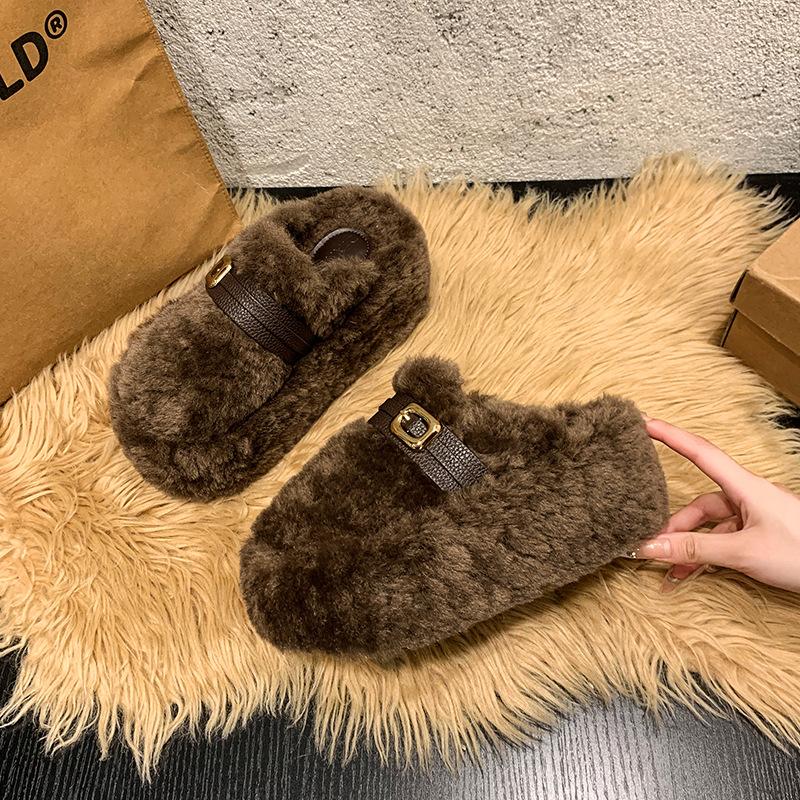 Thick Bottom Inner Height Increase, Small Fluffy Slippers for Women To Wear Outside Autumn and Winter New Models, Velvet One-pedal Cotton Mop