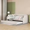 90x200cm Folding Bed Cotton Linen Fabric Day Bed with Pull-out Bed Headboard Strong Wood Slat Support Bed Home Furniture,