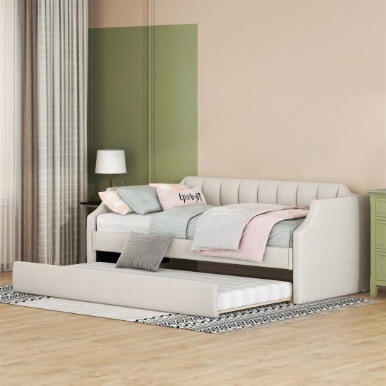 90x200cm Folding Bed Cotton Linen Fabric Day Bed with Pull-out Bed Headboard Strong Wood Slat Support Bed Home Furniture,