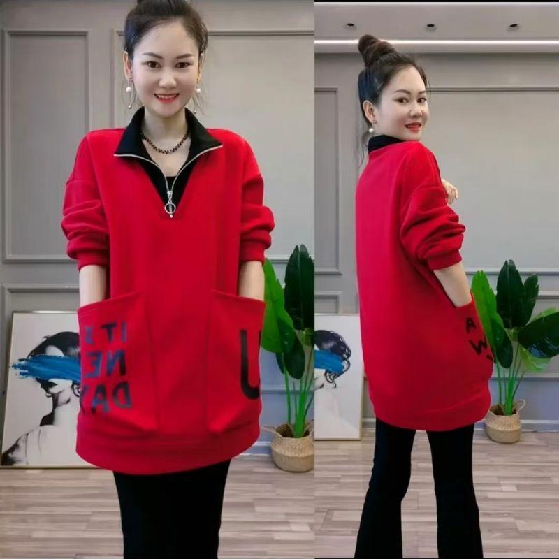 2025 Autumn/Winter Slimming Stand Collar Mid-Length Hoodie with Velvet Lining and Large Pockets 2XL красный