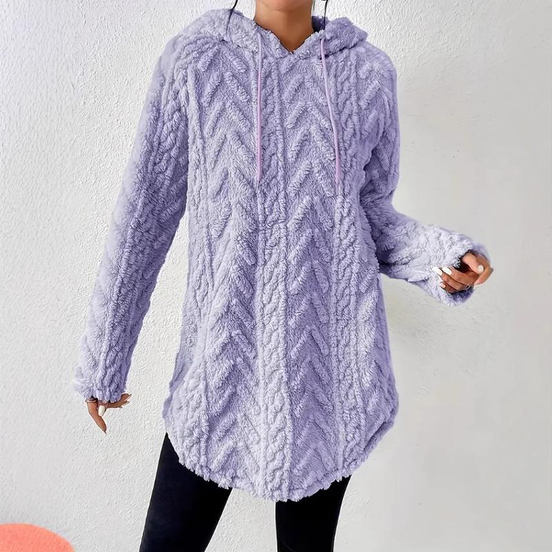 Women's Solid Color Hooded Jacquard Long Sleeve Jacket Slim Drawstring Furry Sweatshirt
