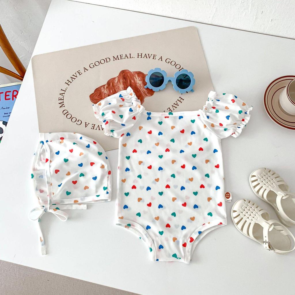 Ensemble de maillot de bain pour bébé de style coréen: Grenouillère pour Bébé Fille & Bonnet de Bain pour Vêtements de Plage d'Été