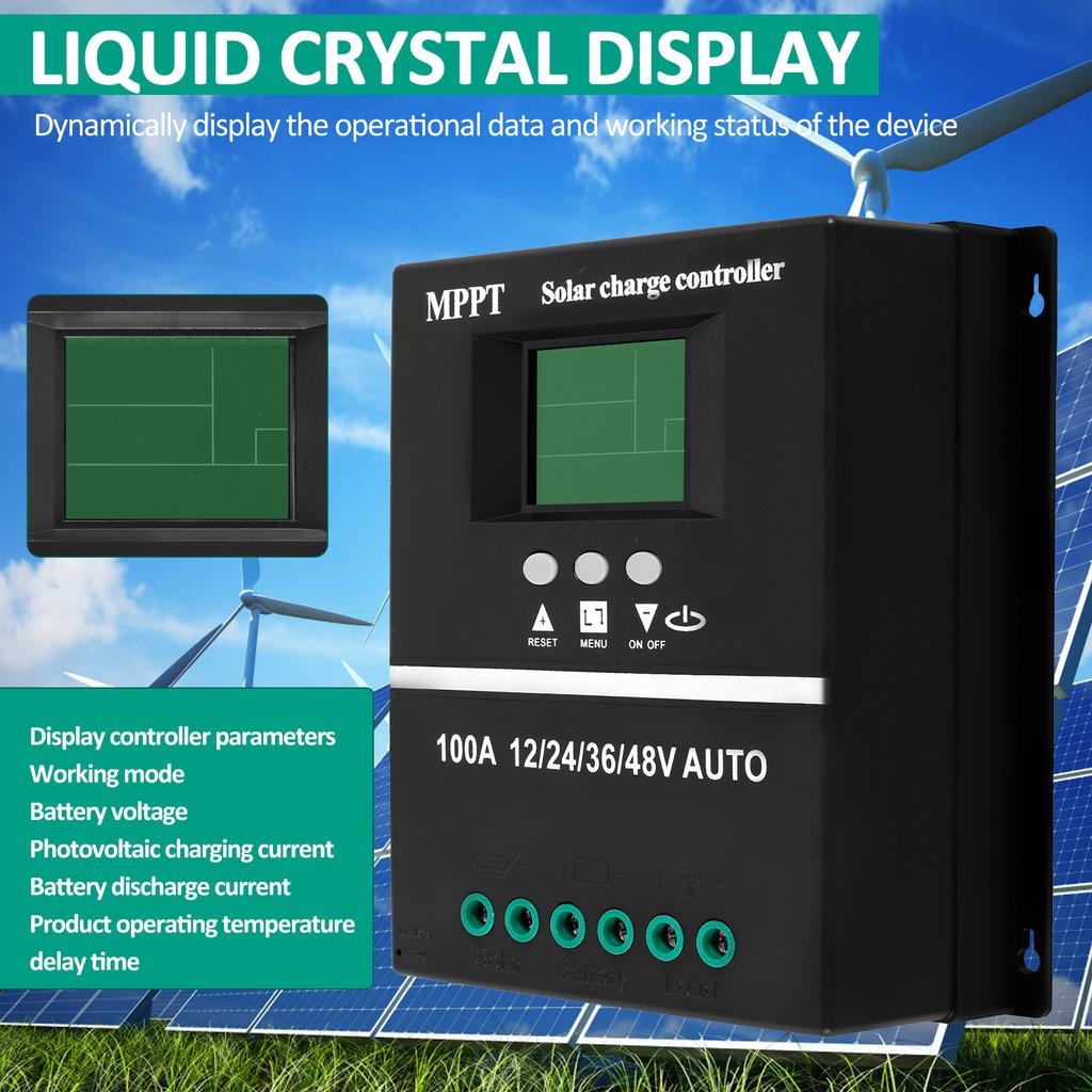 100A MPPT Solar Charge Controller 12/24/36/48v Intelligent Solar Panel Regulator with 2 USB & 7 Modes for Charging LCD Display