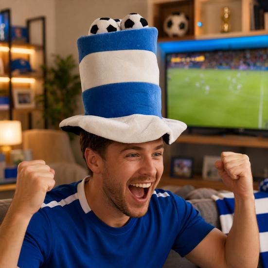 Morbido Cappello Peluche Pallone da Calcio, Cappello a Cilindro a Strisce Tema Sportivo per Feste, Copricapo da Tifo per Partite di Calcio per Bar Sportivi, Accessori per Photo Booth, Eventi a Tema
